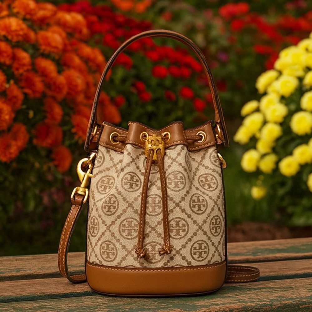 NEW Tory Burch T Monogram Hazelnut Tan Jacquard Mini Bucket Crossbody Bag